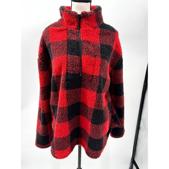 Koolaburra By UGG Sherpa Jacket Women's XL Black Red Buffalo Plaid‎ Mock Neck - Picture 1 of 10